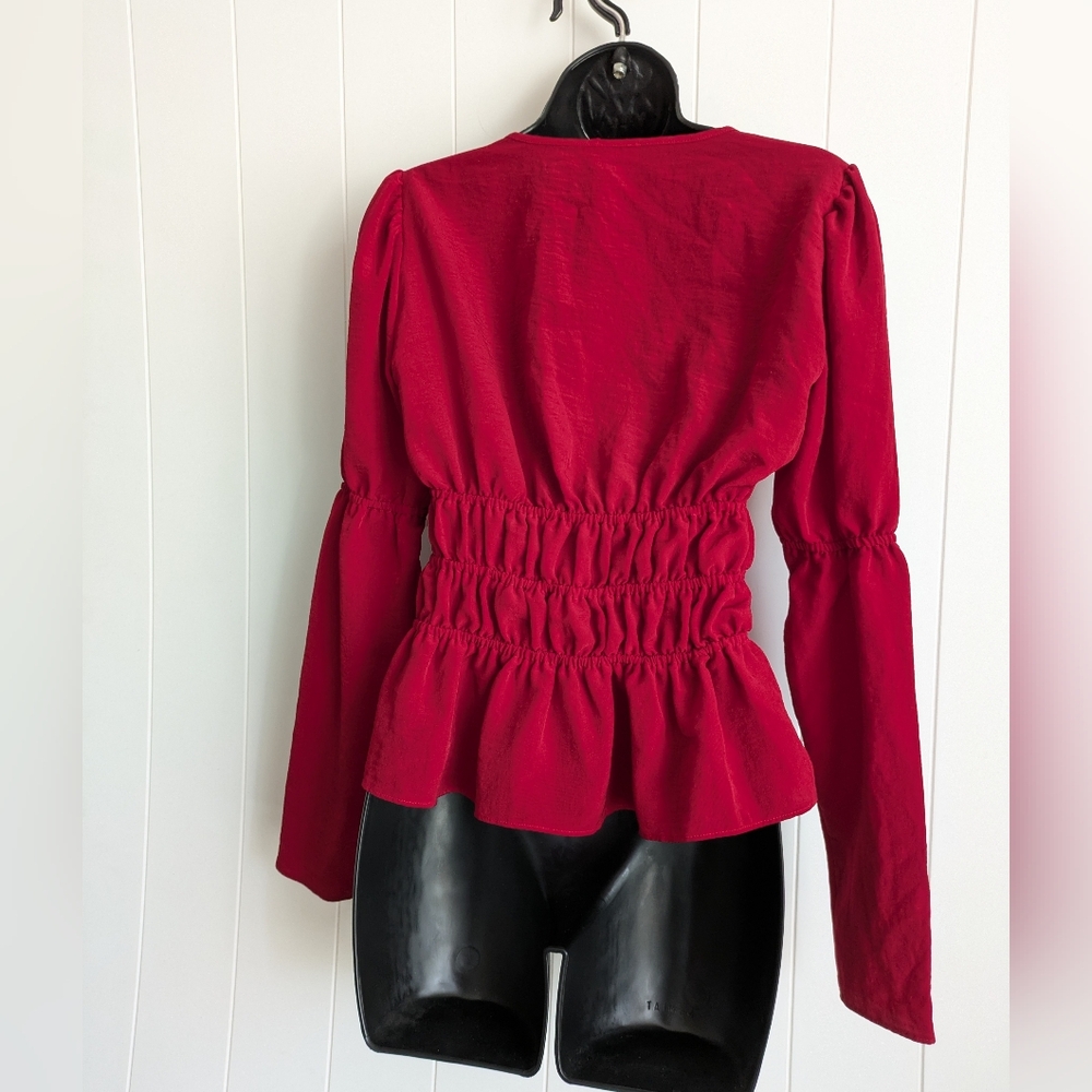 ASOS Red Deep Plunge Peplum Top, Size 4 Long Sleeve, Ruching Waist, V Neck - Picture 7 of 11